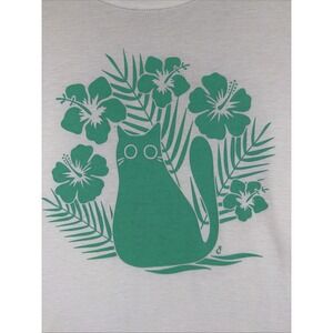 Cat‎ Lady Womens XL T-Shirt Tee Beige Green Tropical Hibiscus Cat Graphic